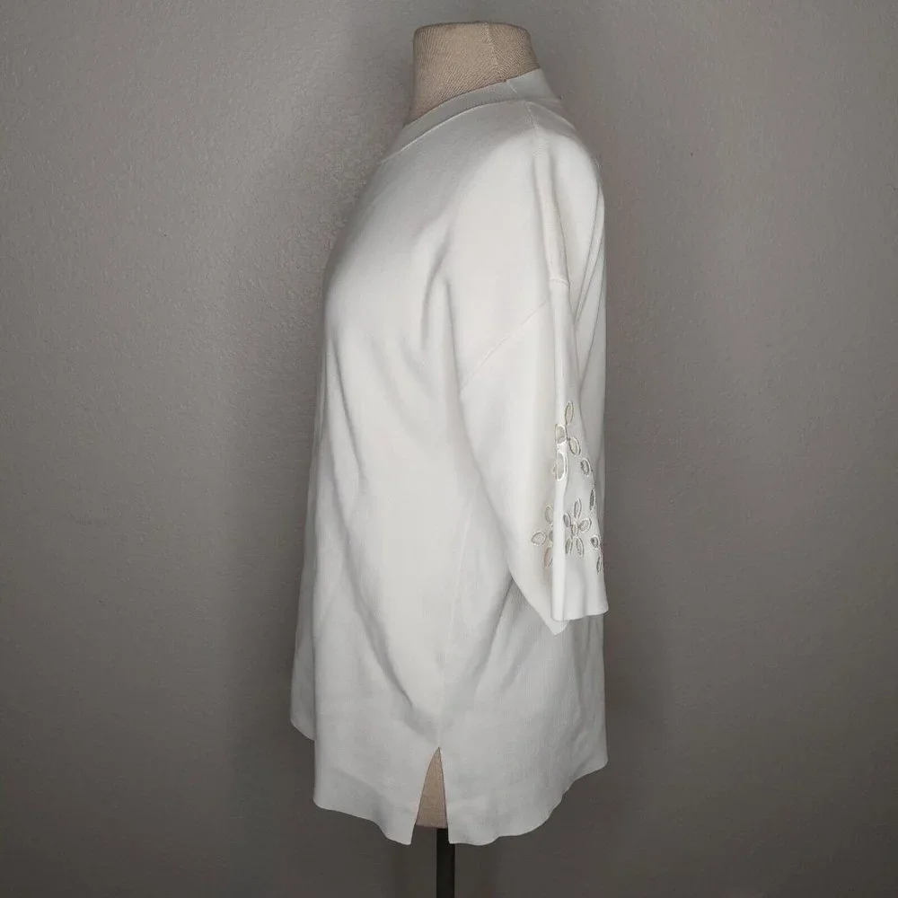 Zara Womens Top Medium Ribbed Short Sleeve Embroidered Flower Sleeves Ivory - Picture 3 of 16